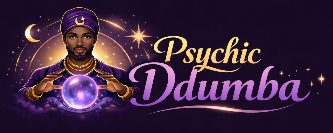 Psychic Ddumba logo African male psychic reading crystal ball spiritual guidance astrology healer