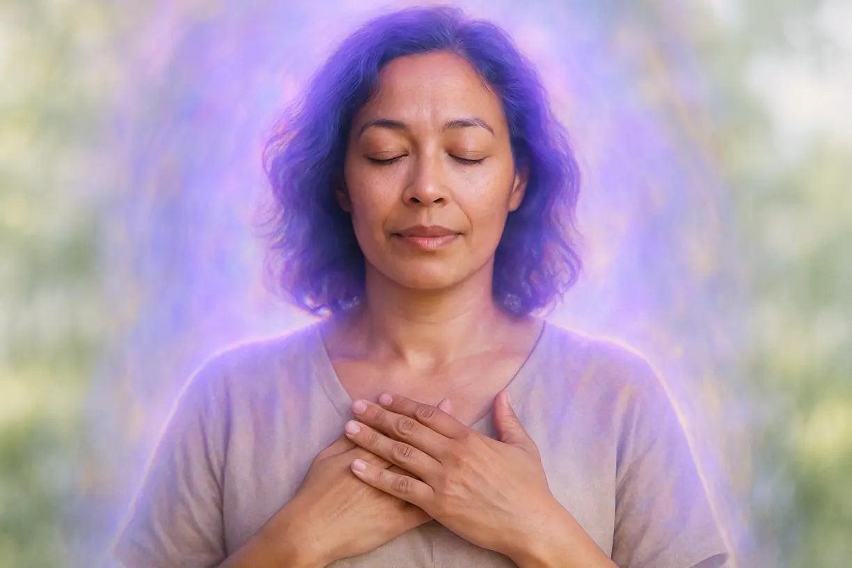 Person in calm meditation with protective energy aura for spiritual protection