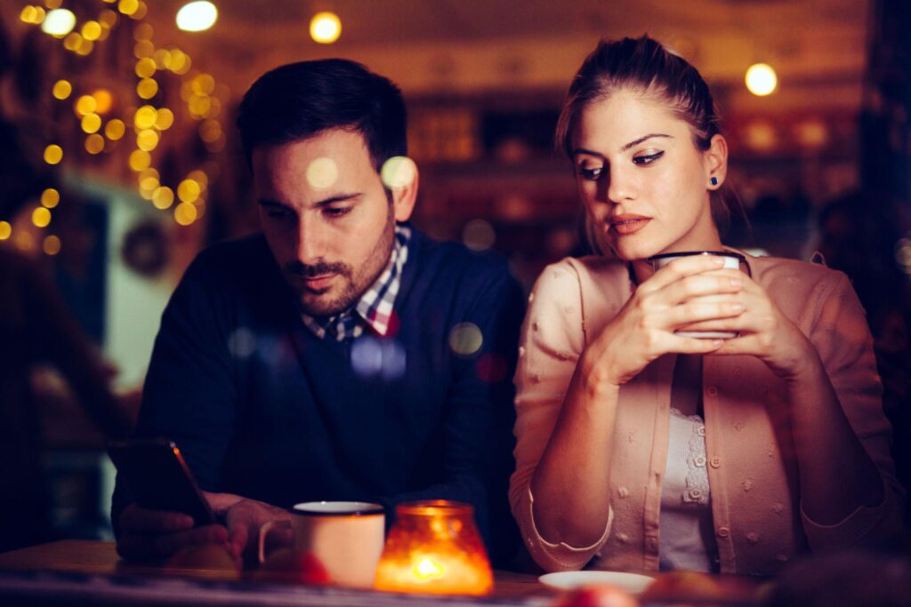 Couple experiencing emotional tension and relationship problems during breakup crisis